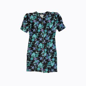 Vtg Caroline Wells Floral Dress L Puff Sleeve USA Cotton Blend 90s Cottagecore